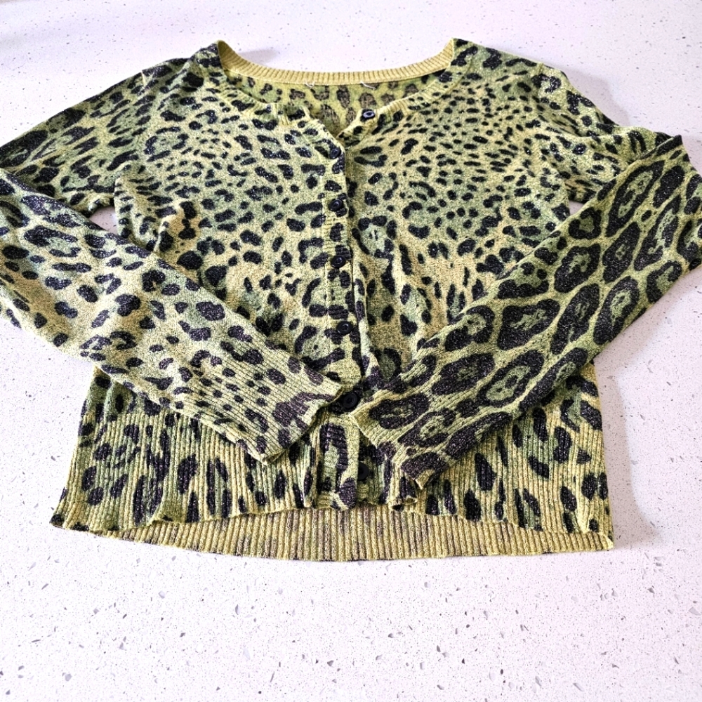 Jigsaw lurex cardigan in green and leopard print. Size 10-12 - Picture 7 of 7